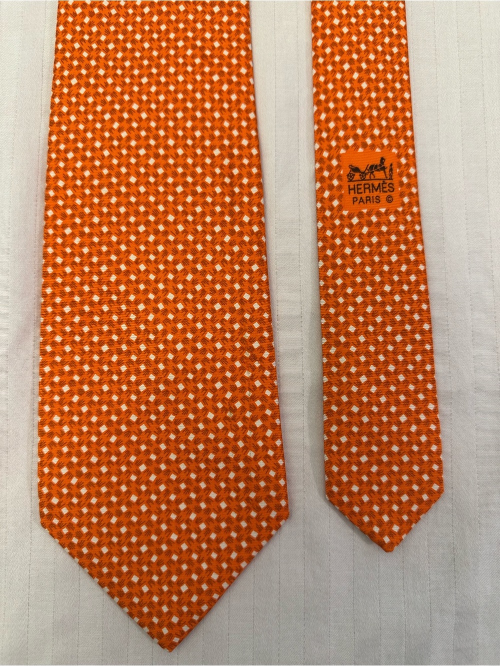 Hermès Paris Silk Tie Bright Orange White Geometric Pattern Made in France